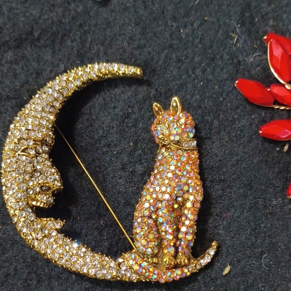 Sparkling Gold and Multicolor Cat on Moon Brooch